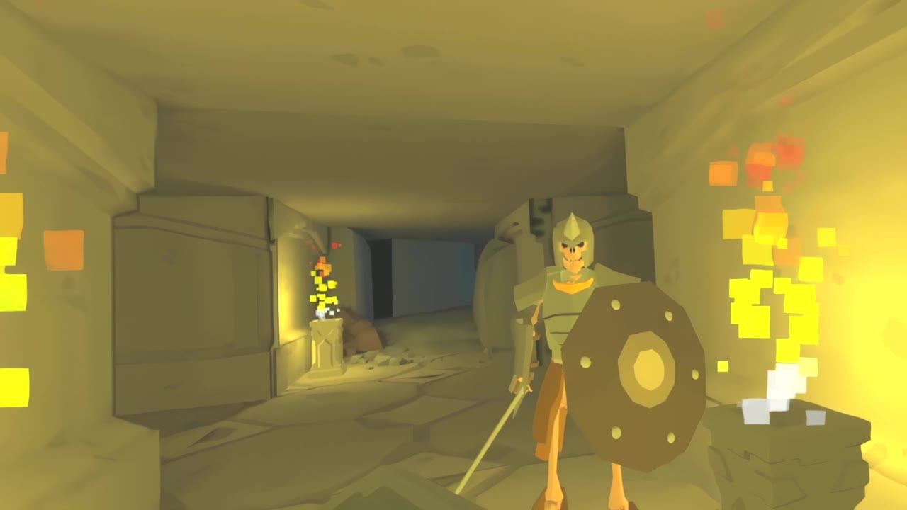 A skeleton warrior with a shield in a torchlit corridor